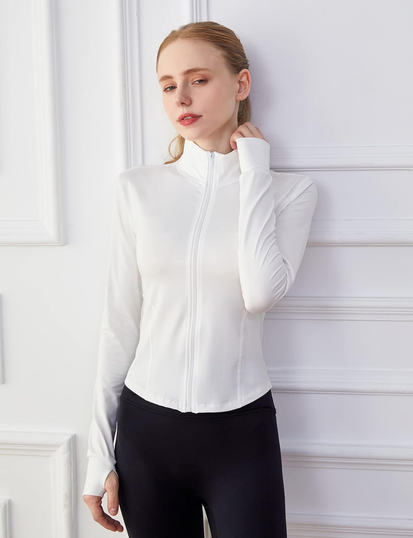 Lviefent Womens Lightweight Full Zip Running Track Jacket Workout Slim Fit Yoga Sportwear with Thumb Holes (White, Large)