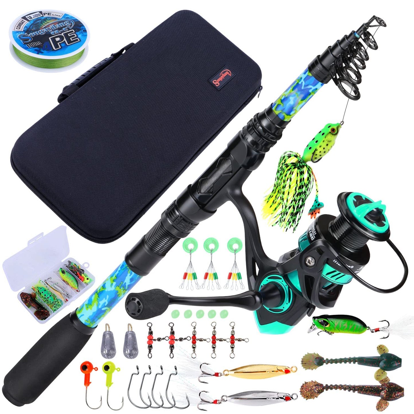 Sougayilang Telescopic Fishing Rod and Reel Combo – Full Kit with Carrier Bag, 11+1 Bearings Spinning Reel, Carbon Fiber Travel Pole for Bass, Trout, Catfish, Redfish – Saltwater Freshwater