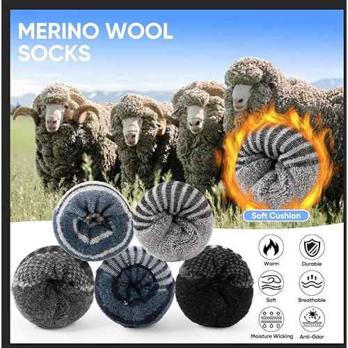 Merino Wool Hiking Socks for Men Moisture Wicking Cushion Thermal Warm Winter Crew Outdoor Boot Socks(5 Pairs)