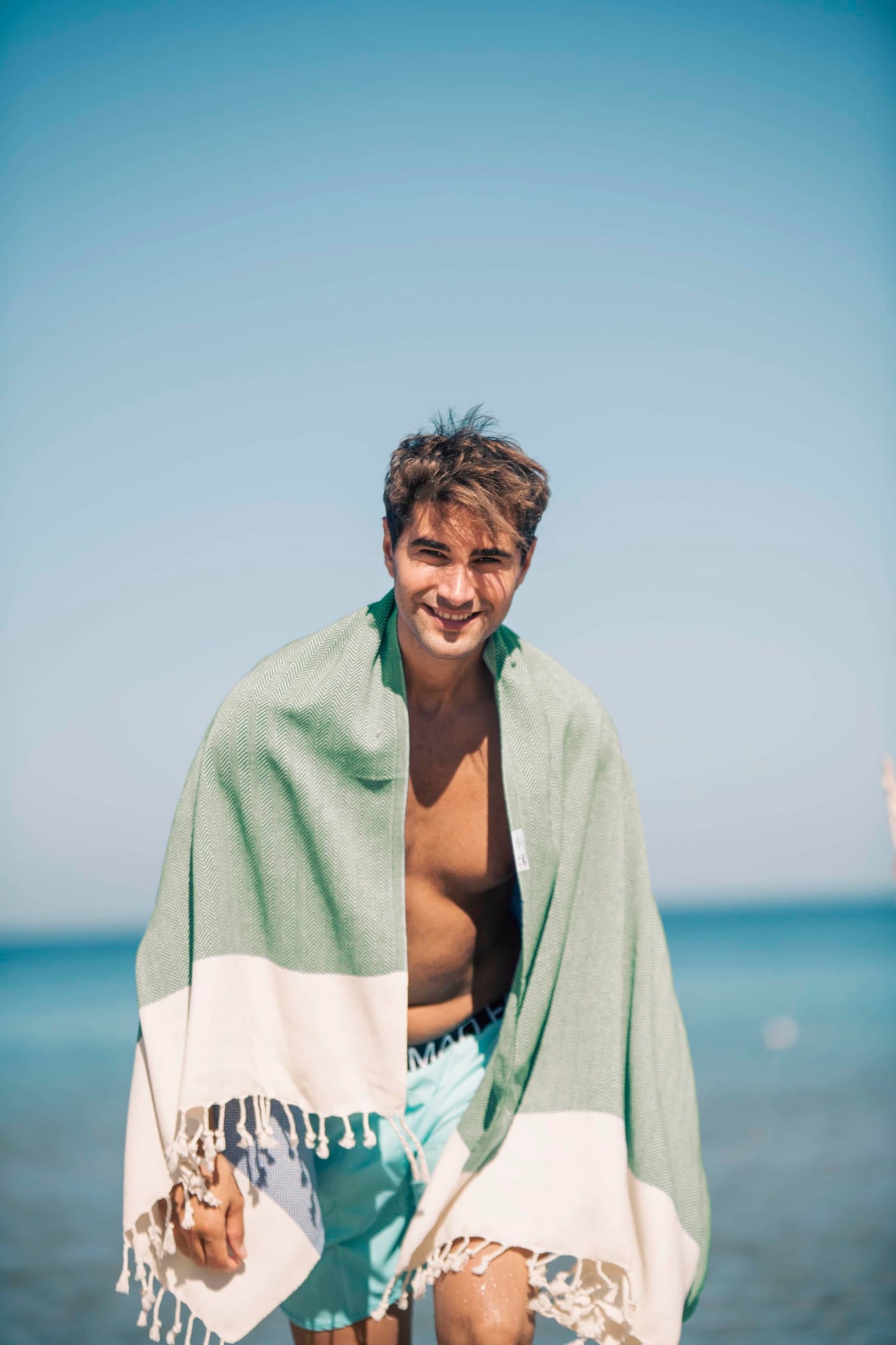 Bazaar Anatolia Beach Towel, 100% Cotton, 71x39 in, Herringbone Green