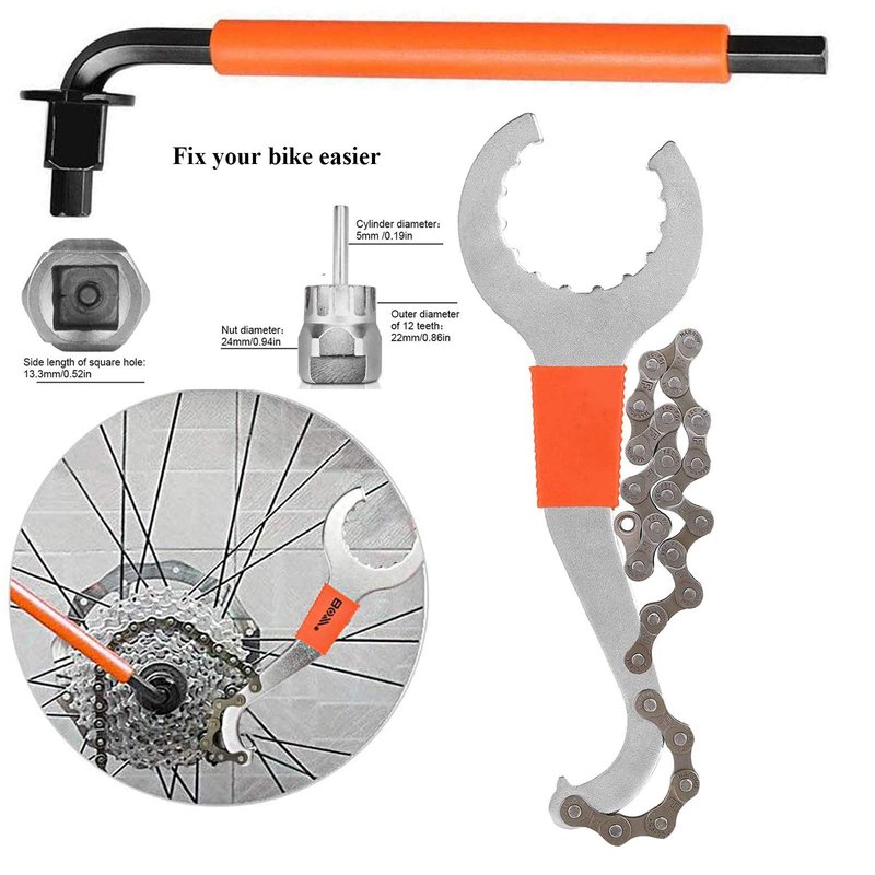 8Pcs Bike Tool kits set, ATGRS 3 in 1 Multi Bike Cassette Removal Tool with Chain Whip and Auxiliary Wrench & MTB Bracket Removal, Crank Puller Tool + 16mm Spanner, Portable Emergency Accessories Kit