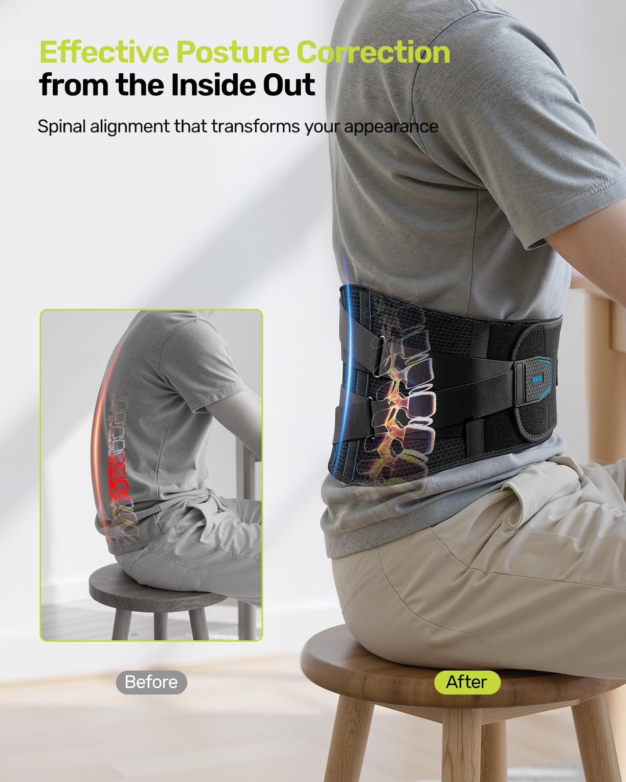 Rakiie Back Brace for Lower Back Pain, 7 Stays Ergonomic Support Brace with Comfortable 3D Pad, Easy to Put On/Off Lumbar Support Belt for Women Men, Pain Relief from Sciatica, Herniated Disc, Size M (Waist: 33.5"-39.4")