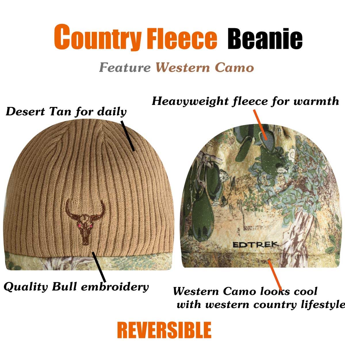 EDTREK Reversible Windproof Fleece Beanie Hat - Warm Winter Hat for Hunting Fishing Camping in Cold Weather (Bull Desert Tan，X-Large)