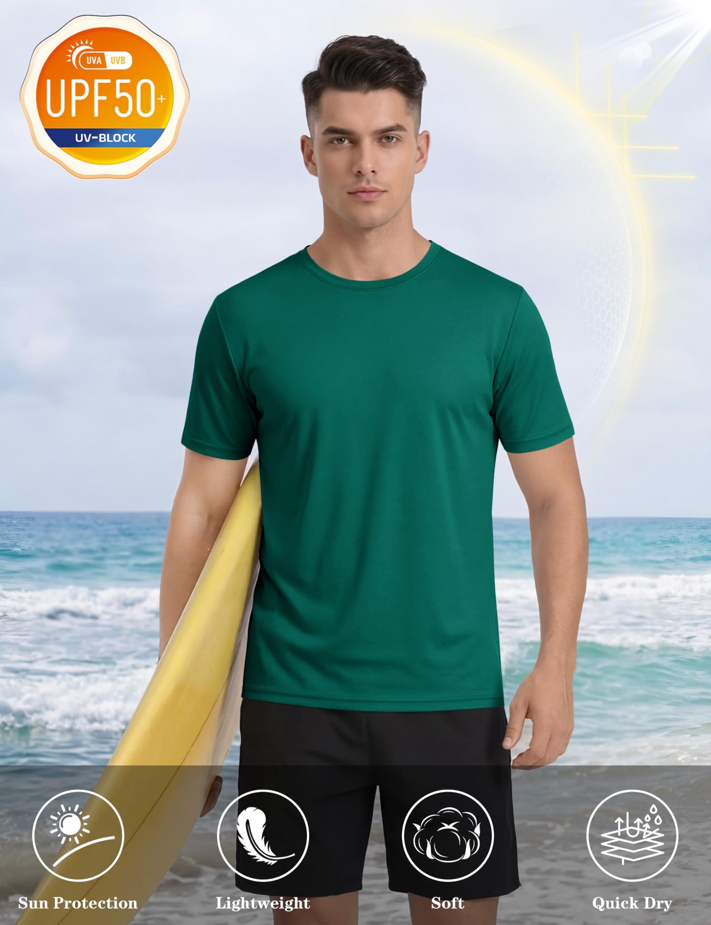 KEFITEVD Sun Shirts for Men Short Sleeve UPF 50+ Swim Shirts Rash Guard T-Shirt Lightweight Quick Dry Fishing Hiking Shirts Emerald Green