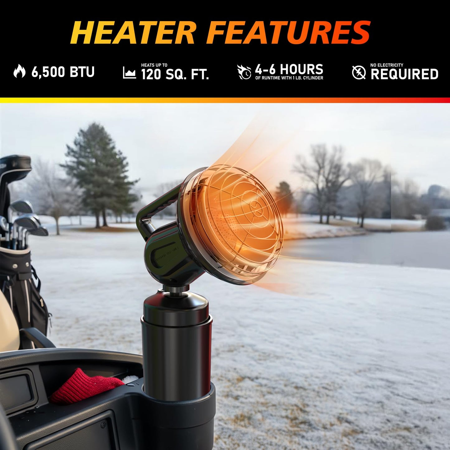 6500-BTU Golf Cart Heater 2 in 1 Portable Propane Heater for Golf and Camping Golf Cart Accessories Winter Heating Helpers（1LB Propane Tank is Not Included）