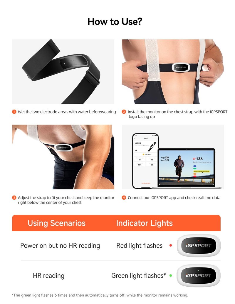 iGPSPORT HR50 Cycling Sensor Chest Strap, IPX7 Waterproof Bluetooth ANT+ for Cycling Running Jogging Yoga Fitness (Chest Strap)