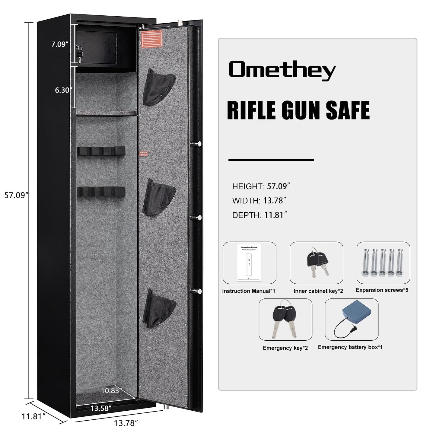 Omethey 57.09'' Fireproof Gun Safe, Quick Access 5 Rifle Gun Safe, Gun Safe for Home Rifle and Pistols with LCD Screen Keypad and Silent Mode, for Rifles, Shotguns, Pistols