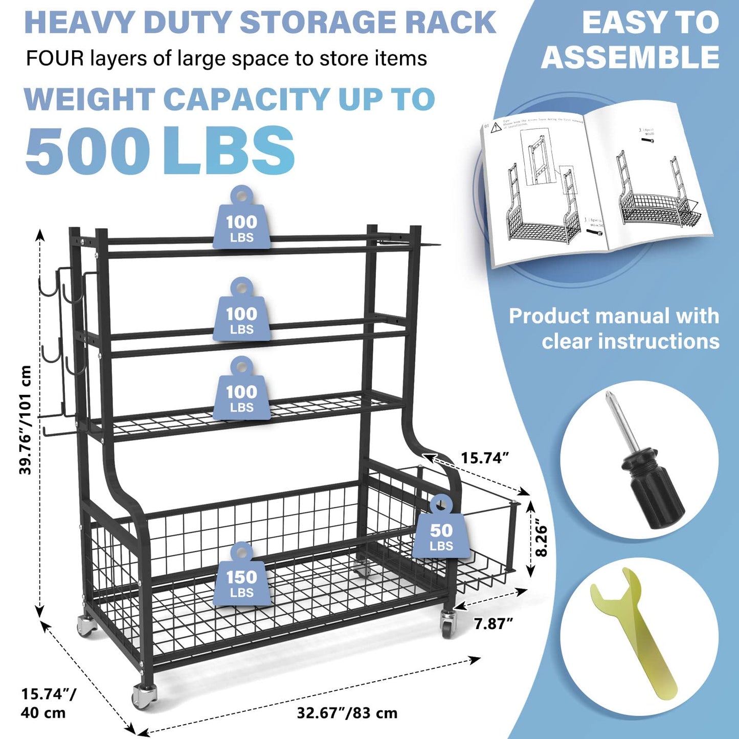 Home Gym Storage for Dumbbells, 500 LB Heavy Duty Weight Rack for Dumbbells Kettlebells Yoga Mat, Balls and Resistance Band, Dumbbell Rack with 4 Lockable Wheels and Hooks