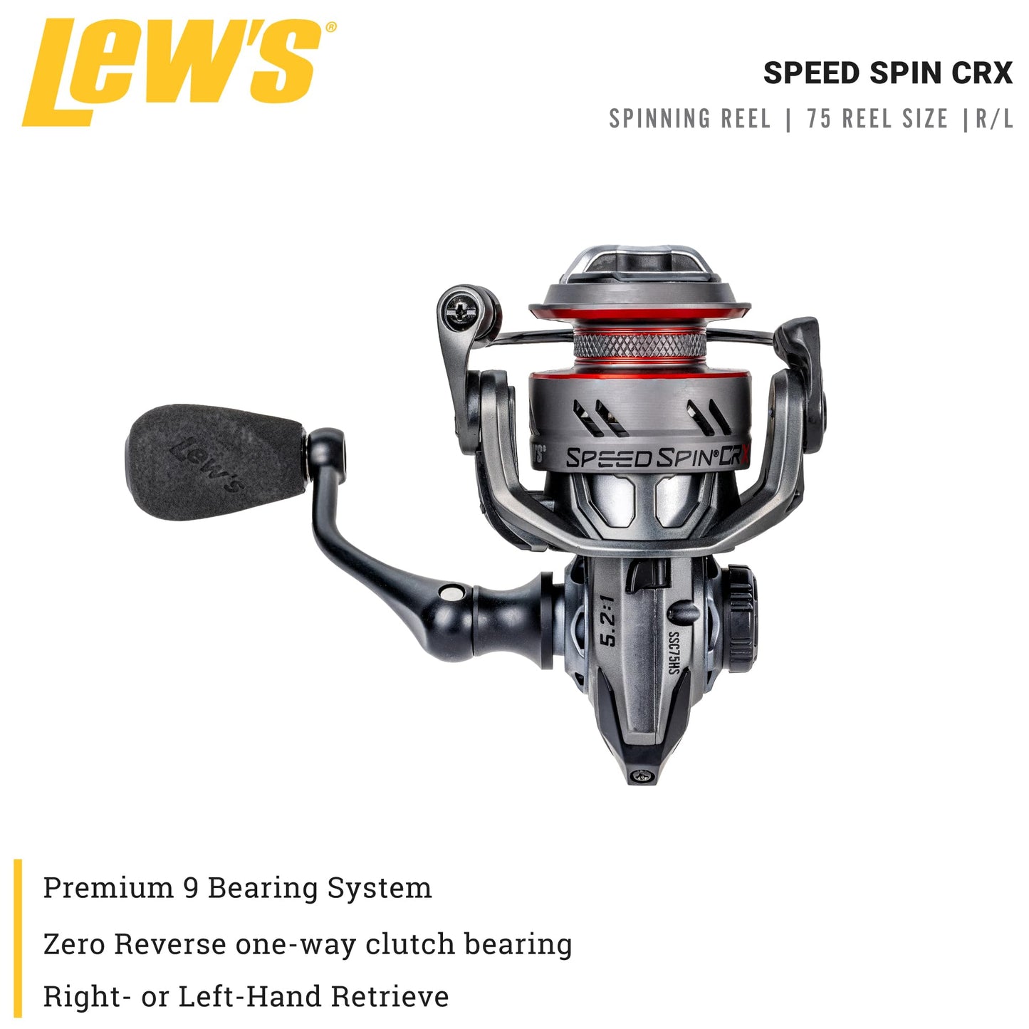 Lew’s Speed Spin CRX Spinning Fishing Reel, Size 75 Reel, 8+1 Bearings, 5.2:1 Gear Ratio, Graphite Frame and Sideplate, Solid Brass Speed Gears