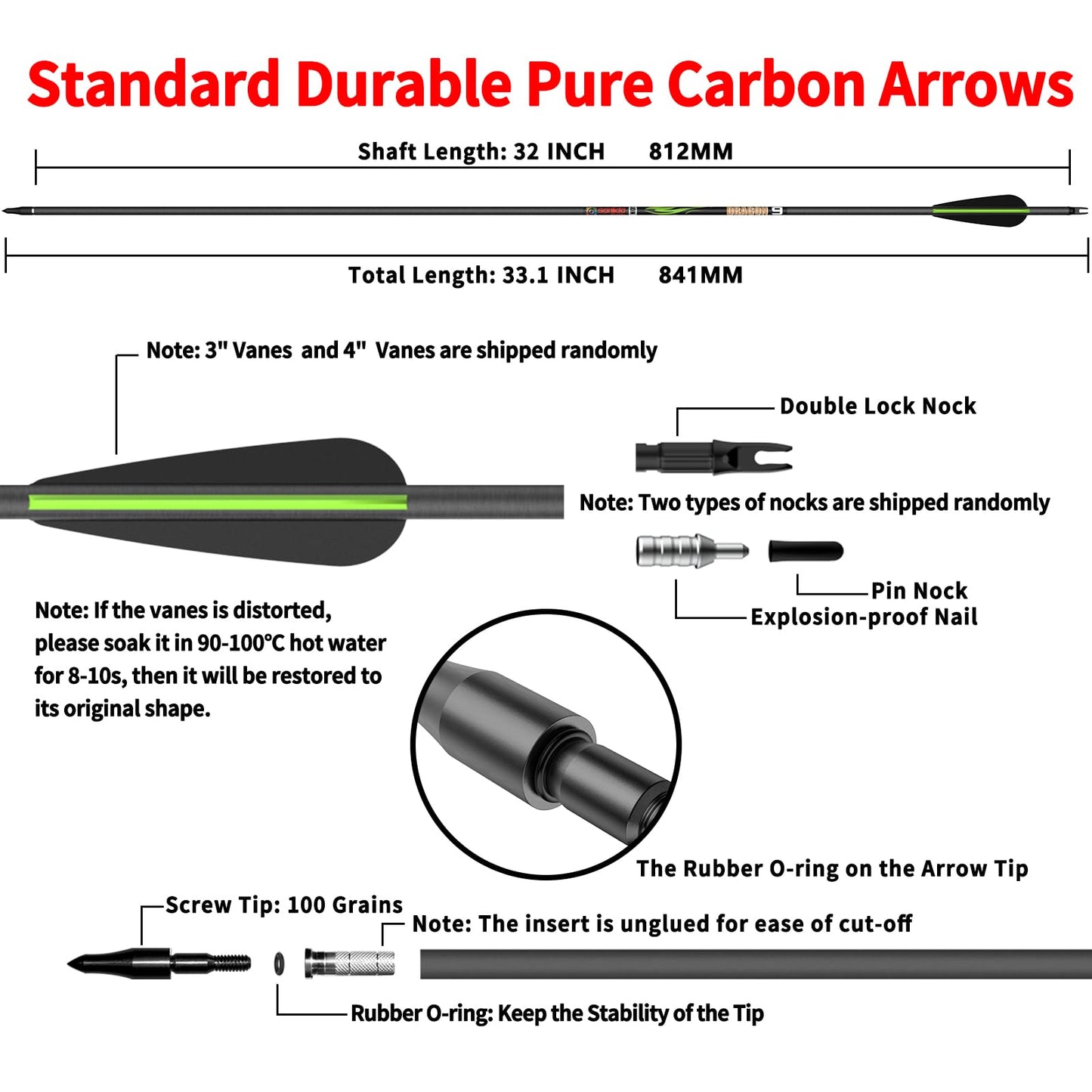 sanlida Dragon 9 24 Pack 100% Pure Carbon Hunting Arrows, 32" Arrows for Compound Bow, Olympic-Grade 10-Spine Precision, ±0.003" Straightness, 0.244" ID, 3" Vanes (340 Spine)