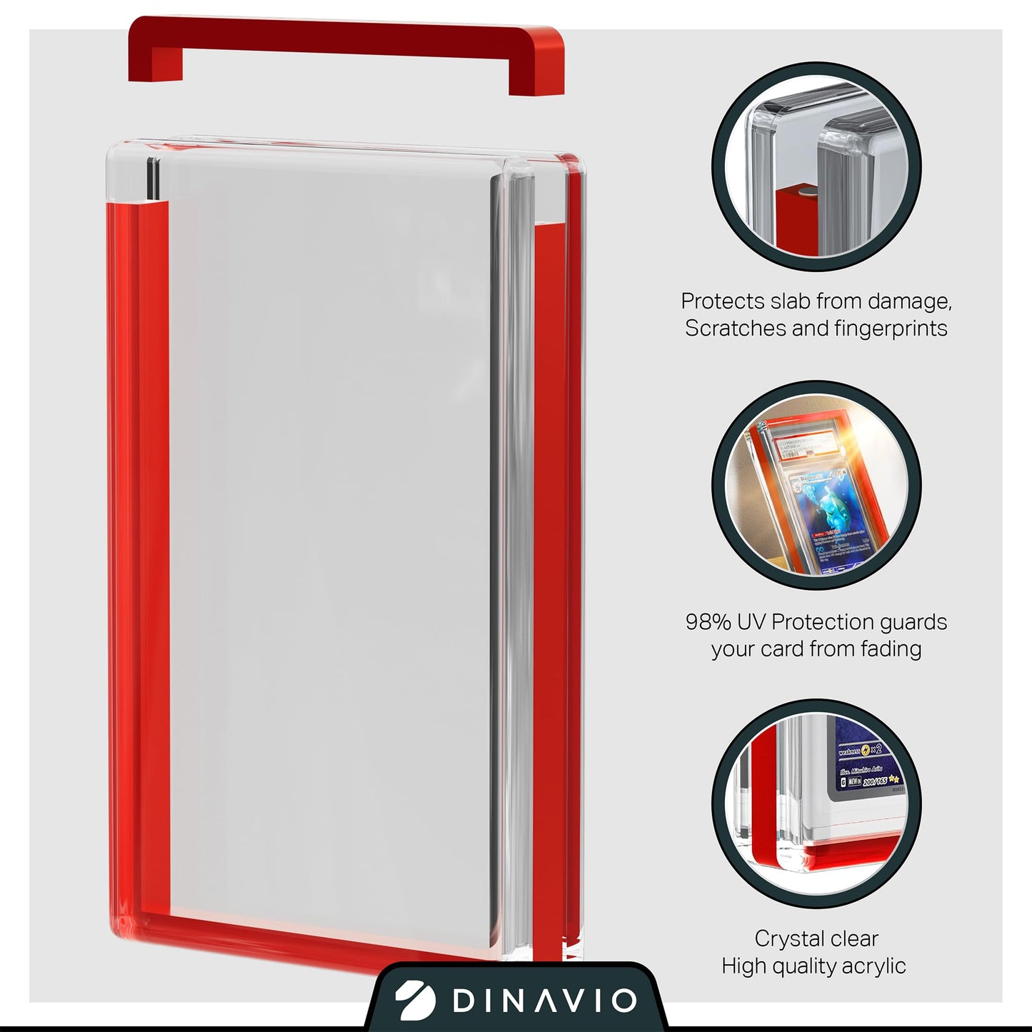 Dinavio Crafthouse PSA Graded Card Display Acrylic Case for Standard PSA and CGC Slabs - Slab Case - PSA Card Case - Graded Card Display Case - Updated Dimensions - Stand Included (Red Border)