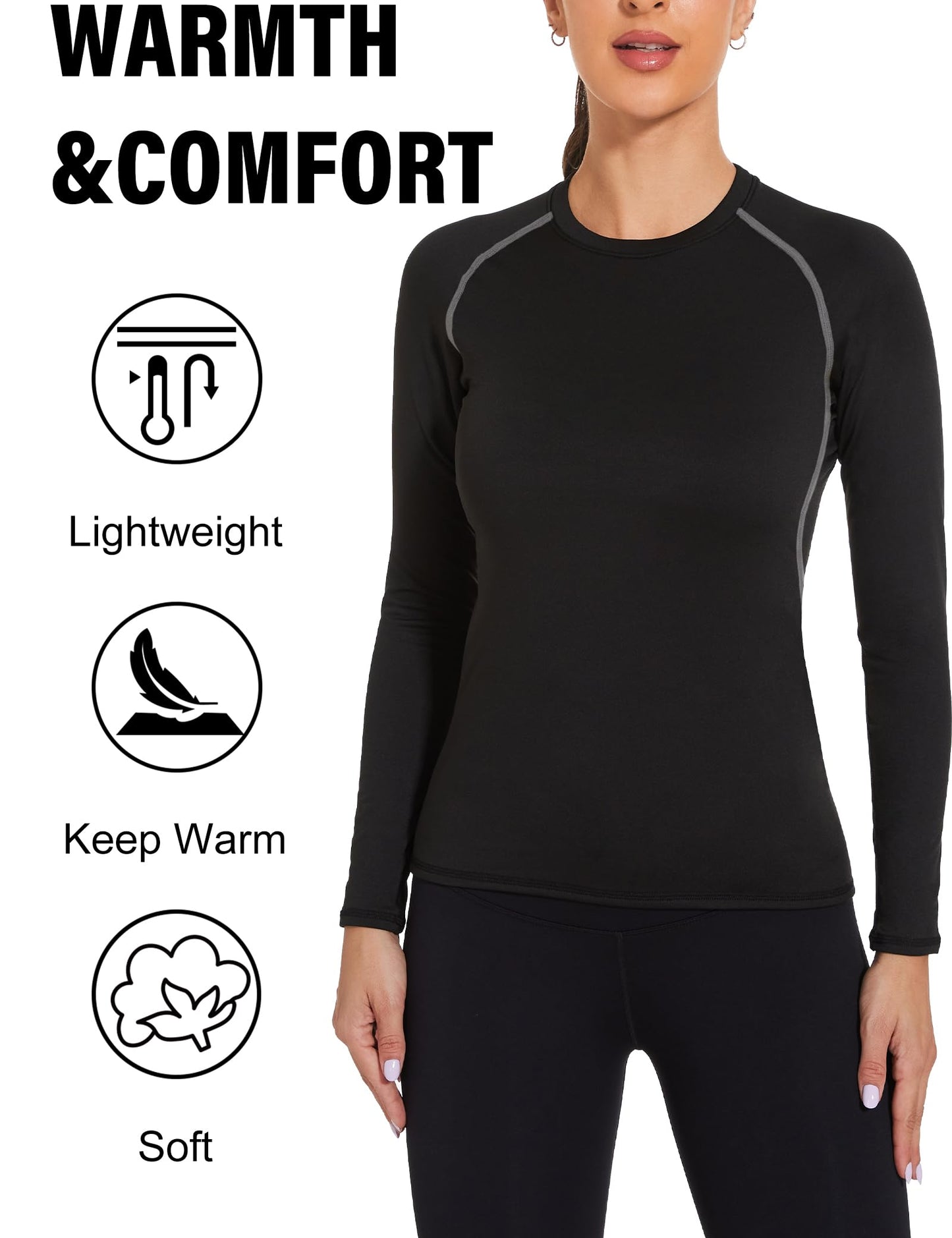 HovSiyla 3 Pack Womens Thermal Compression Long Sleeve Shirts Fleece Lined Tops Crew Neck Slim Fit Base Layer Ladies Underwear 1 Black 1 Black(Grey Line) 1 White Large