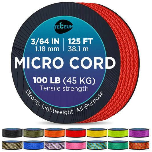 TECEUM Micro Paracord – Red (Fire) – 1.18 mm x 125 ft – Micro Utility Cord – Thin Braided Paracord Rope Nylon Polyester – Wind Chime Replacement – Survival Strong String 021c