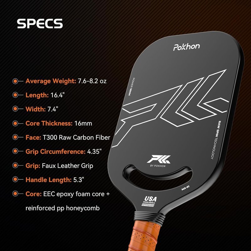 Pokhon Carbon Fiber Pickleball Paddle, Professional Raw Carbon Fiber Pickleball for Power & Control, Polymer Honeycomb Core, USAPA Approved T300 Pickleball Racket