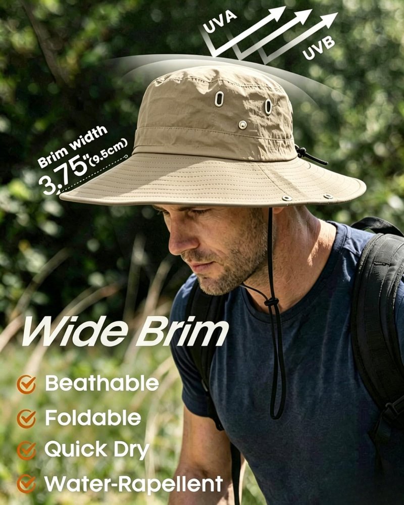 Fishing Hat - UPF 50+ Waterproof Wide Brim for Men & Women | Foldable Outdoor Safari Cap