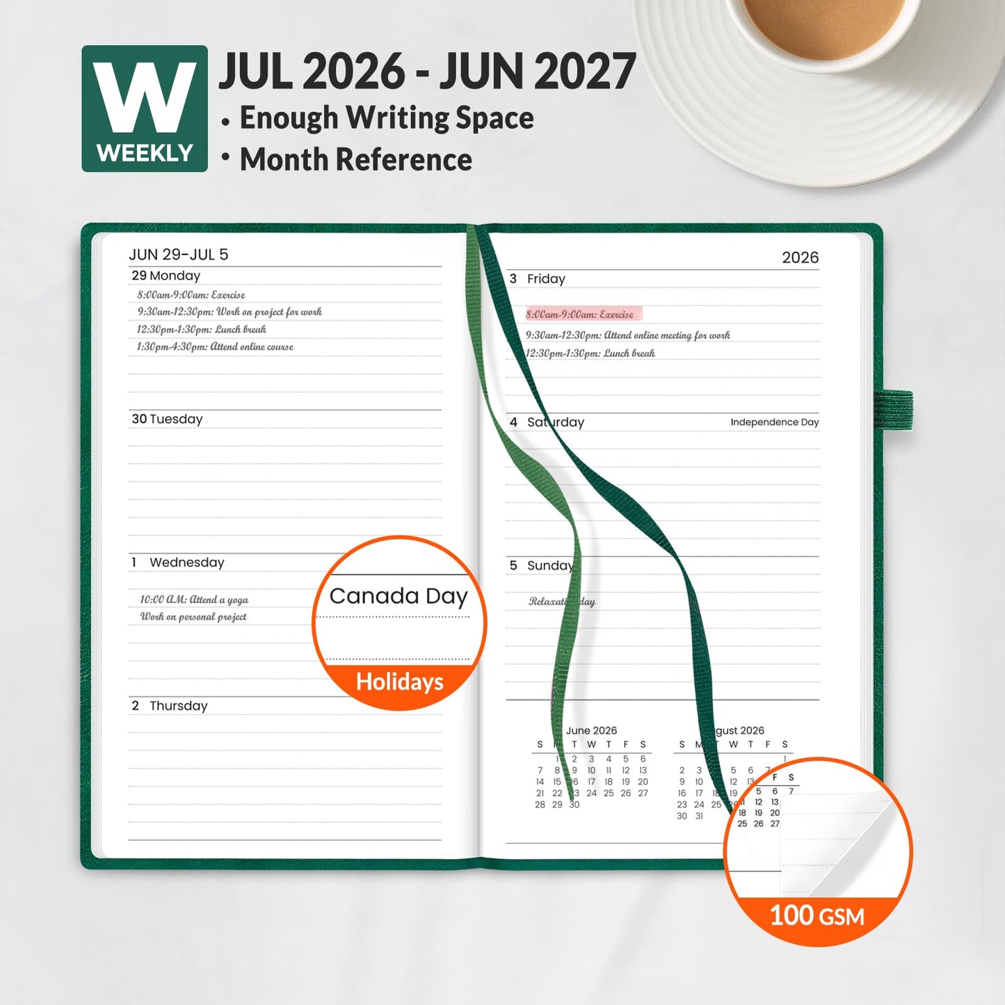 SUNEE 2026 Weekly & Monthly Hardcover Planner 5.5" x 8.3" - 12 Month (January 2026 - December 2026), Small Hardcover Planner, Pocket, Notes, 100 GSM Paper, Deep Green