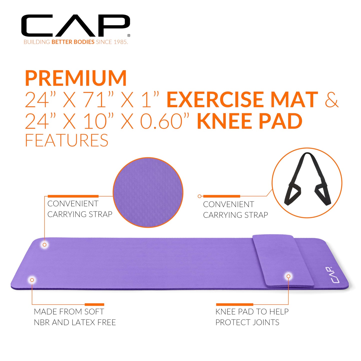 CAP High Density Exercise Yoga Mat with strap and Knee Pad 71"x24"x1/2" PURPLE