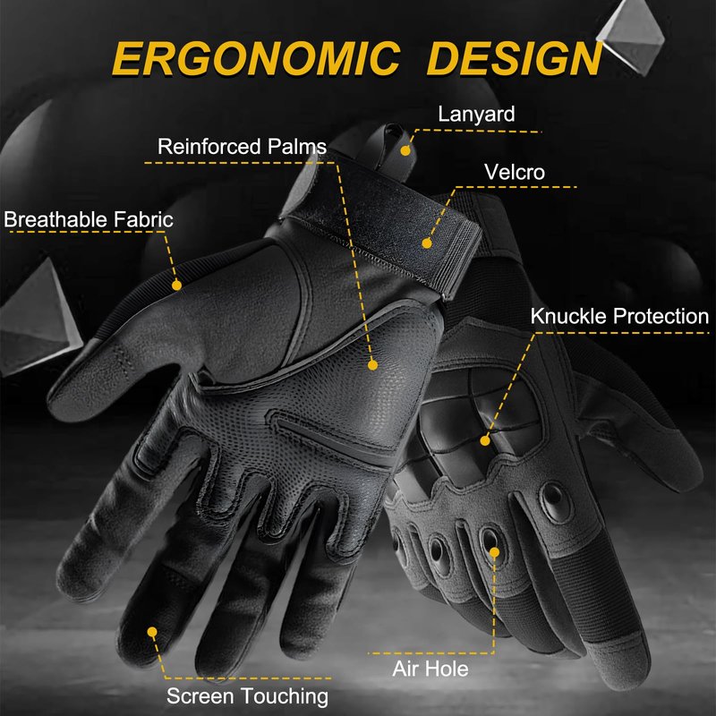 Fhmidic Large Tactical Gloves for Men - Hard Knuckle Protection | Touchscreen Compatible Motorcycle Gloves (Black, L)