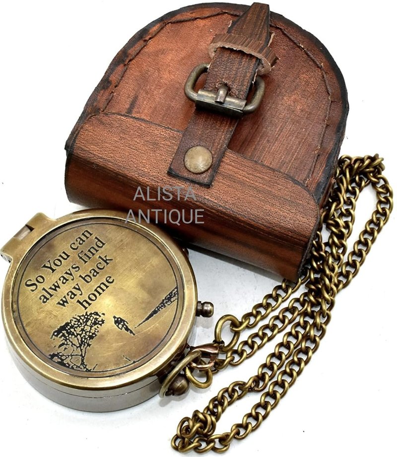 “So You Can Always Find Your Way Back Home” Antique Brass Pocket Compass with Leather Case for Couple | Birthday Gifts | Christmas Day Gift Compass | Hiking Compass