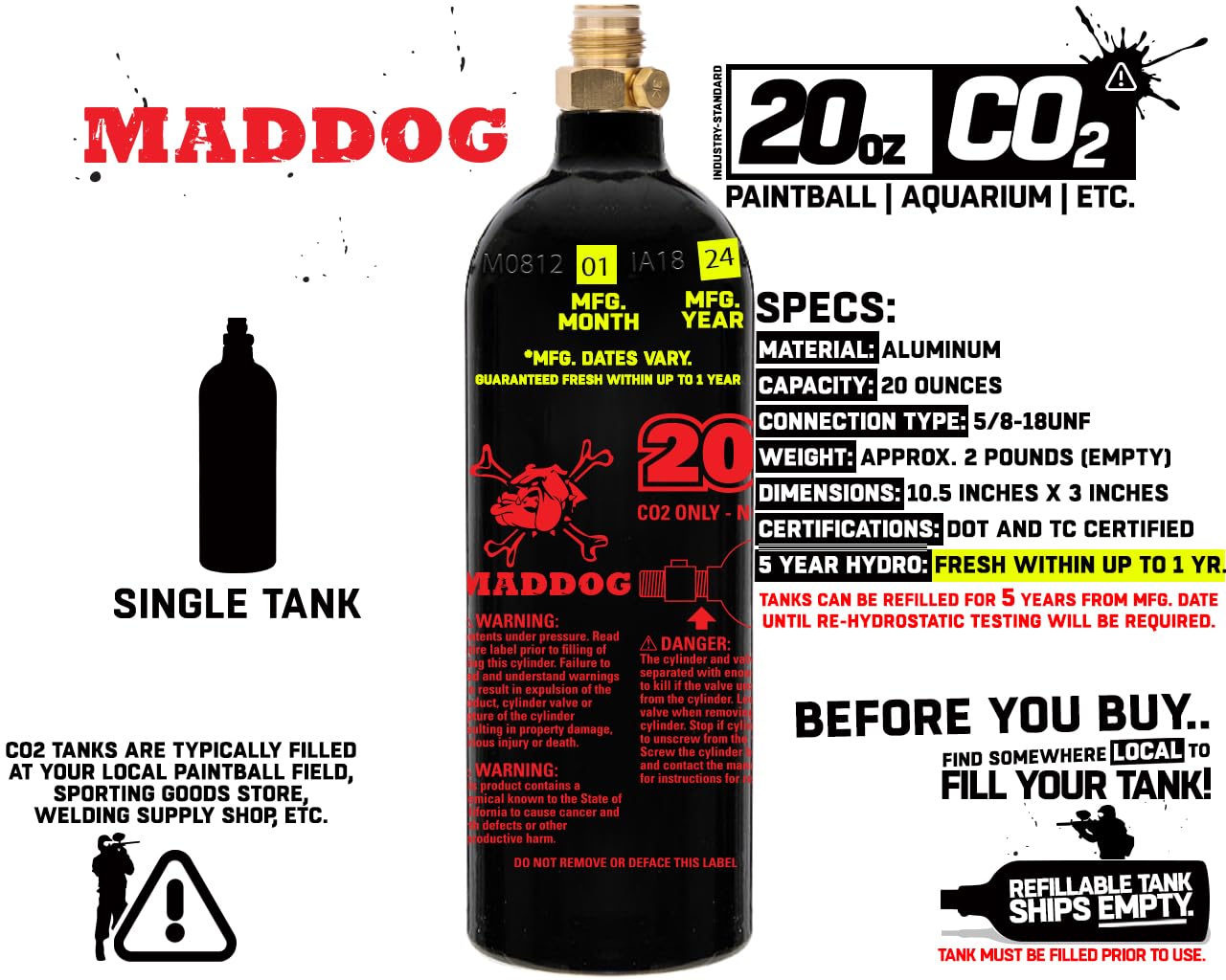 Maddog 20 Oz Refillable Aluminum CO2 Paintball Tank - Ships Empty - 1 Pack