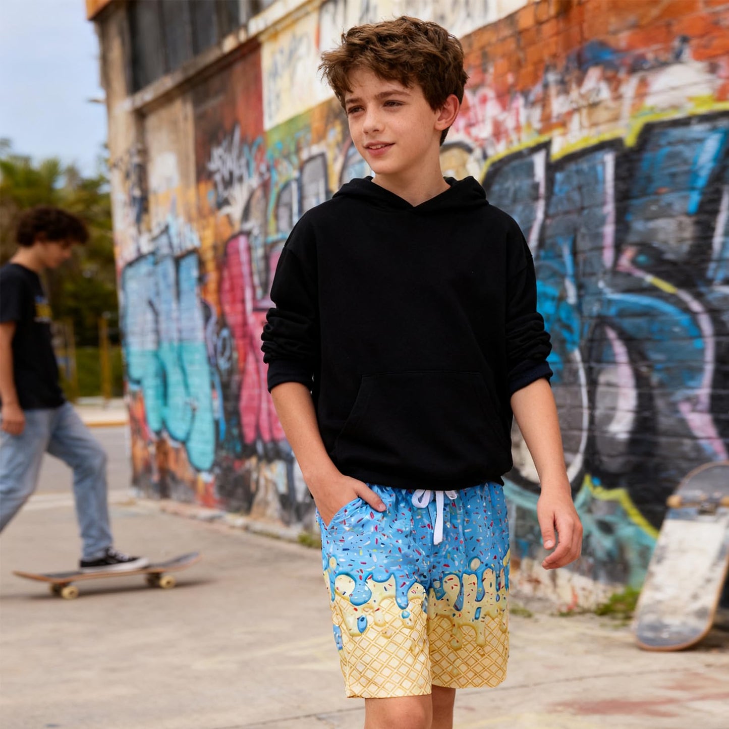 Boy Swimming Trunks with Compress 10-12 Yellow Waffle Running Board Shorts