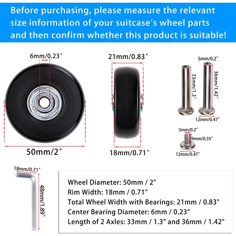 OwnMy 50mm x 18mm Set of 4 Luggage Suitcase Replacement Wheels with Bearings, Black Rubber Swivel Caster Wheels Bearings Repair Kits with 33MM / 36MM Axles