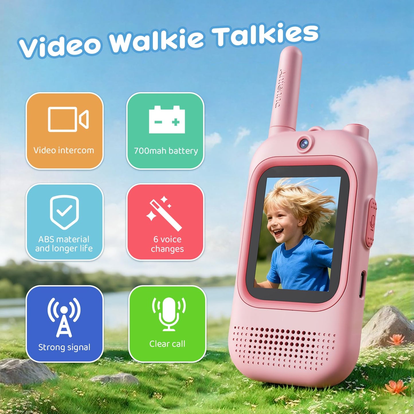 Seaonar Video Walkie Talkies for Kids - 2 Pack Long Range Walkie Talkie Rechargeable Video Intercom 2 Way Radio for Age 3-12 Boys Girls for Indoor Outdoor Camping (Pink&Blue)