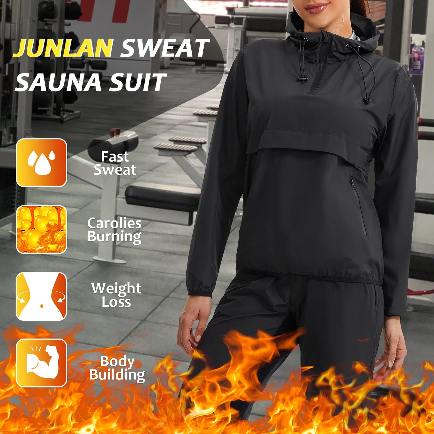 Junlan Sauna Suit for Women Sauna Pants Sweat Jacket Gym Workout Vest Sweat Suits for Women (Black Set(jacket and Pants),XX-Large)