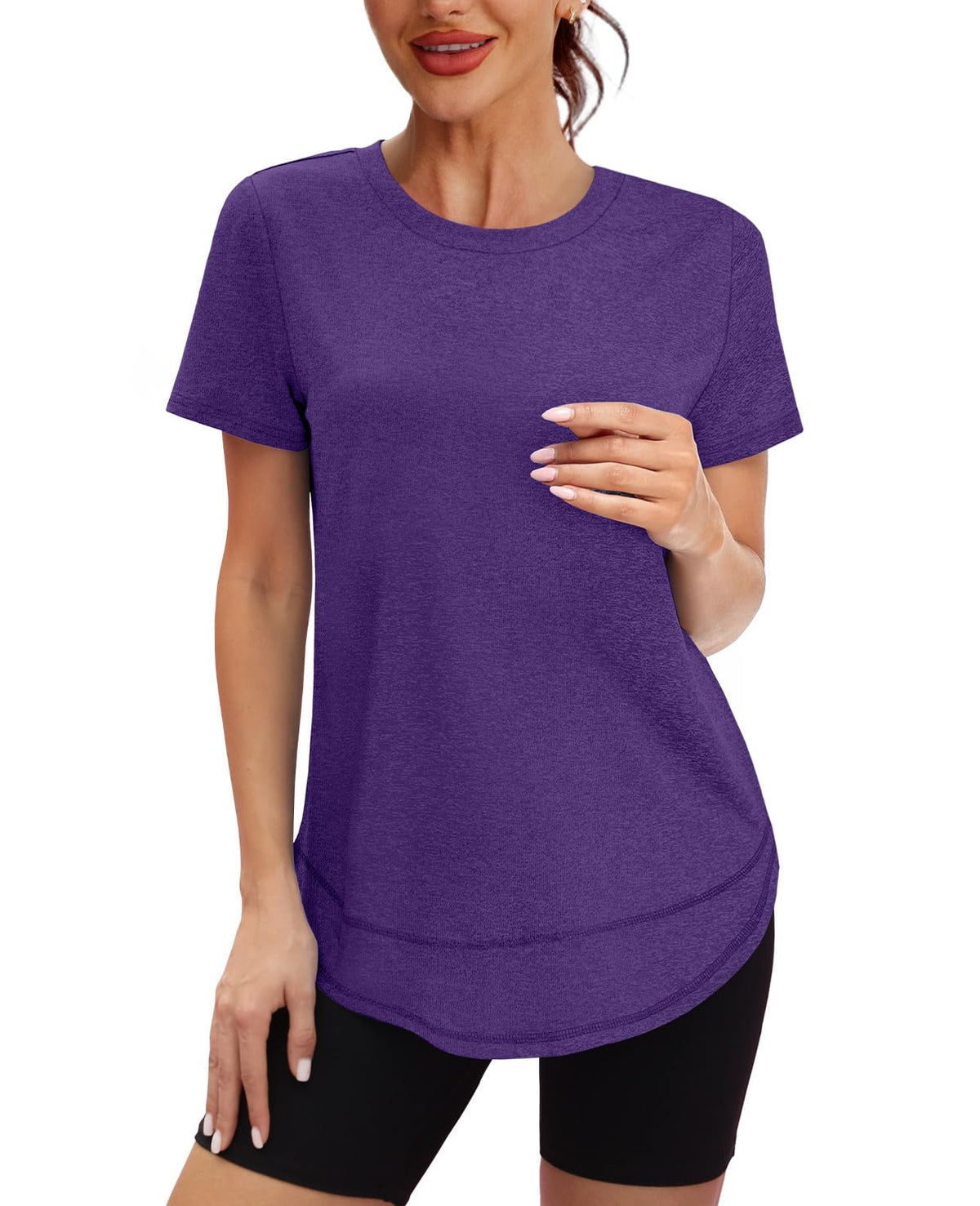 Short Sleeve Shirts for Women Workout Yoga Tops Sun Protection Clothing Summer Outfits Rash Guard Side Slit Purple XL