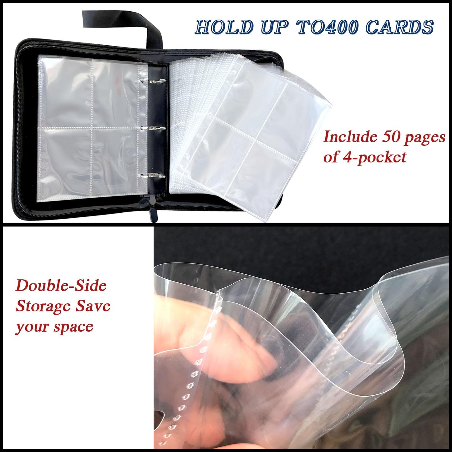 400 Pocket Zippered Basketball Card Binder, 4-Pocket Trading Card Album with 50 Removable Sleeves, PU Leather Waterproof Sports Card Holder for NBA Basketball Cards Storage Display Case Gift