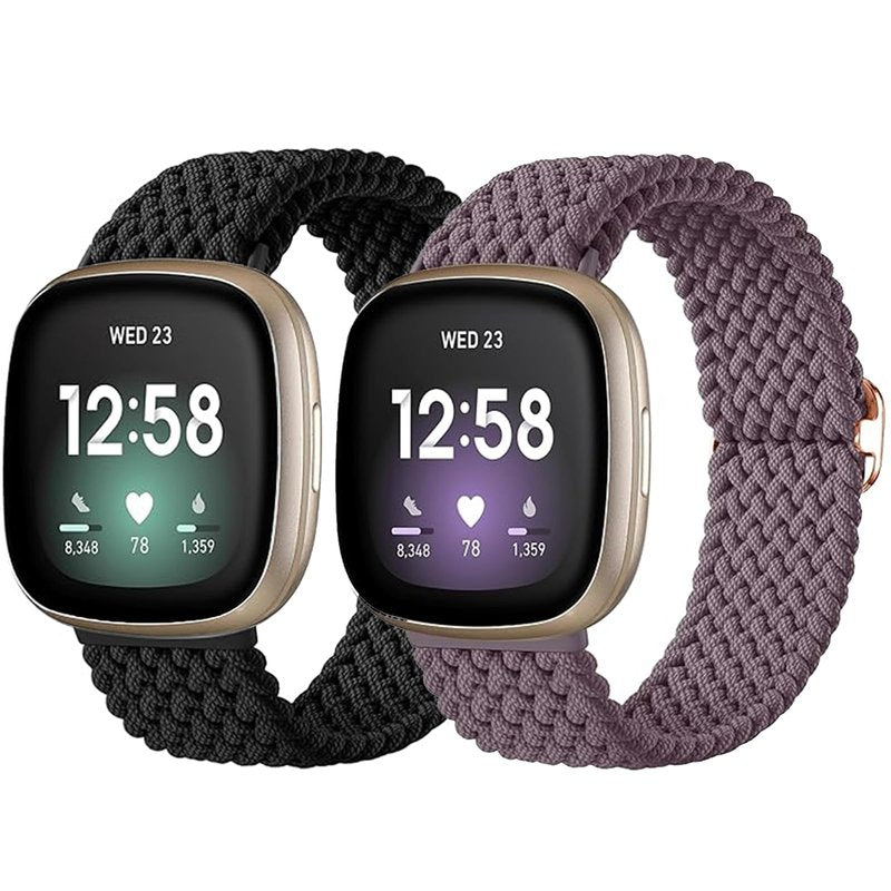 2 Pack Braided Stretchy Band Compatible for Fitbit Sense & Sense 2 Bands / Fitbit Versa 3 & 4 Bands, Classic Soft Breathable Adjustable Sport Smartwatch Replacement Wristband for Women Men (Starlight