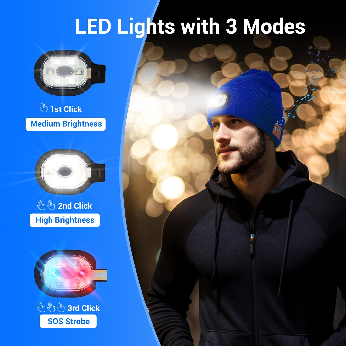 Yontune Bluetooth Hat with Light, Unisex USB Rechargeable 6 LED Headlamp Beanie Cap with Headphones Black Winter Lighted Beanie for Outdoor Sports