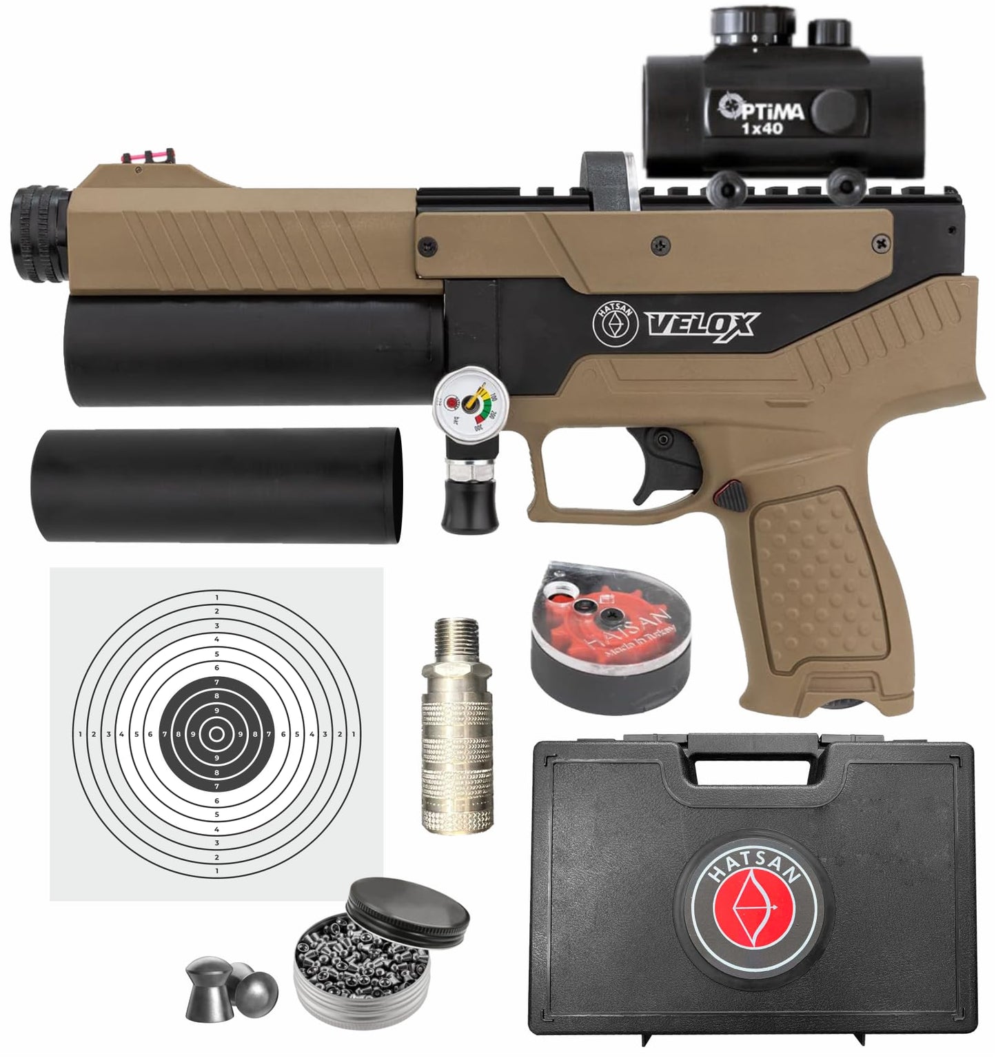 Hatsan Velox PCP Air Pistol .25 Cal Semi-Auto Pellet Gun, 580 FPS, 20 Joules, 10 RDS, Red Dot Sight w/ Wearable4U Pellets and Paper Targets Bundle (FDE, MPN: HGVLX25FDE)