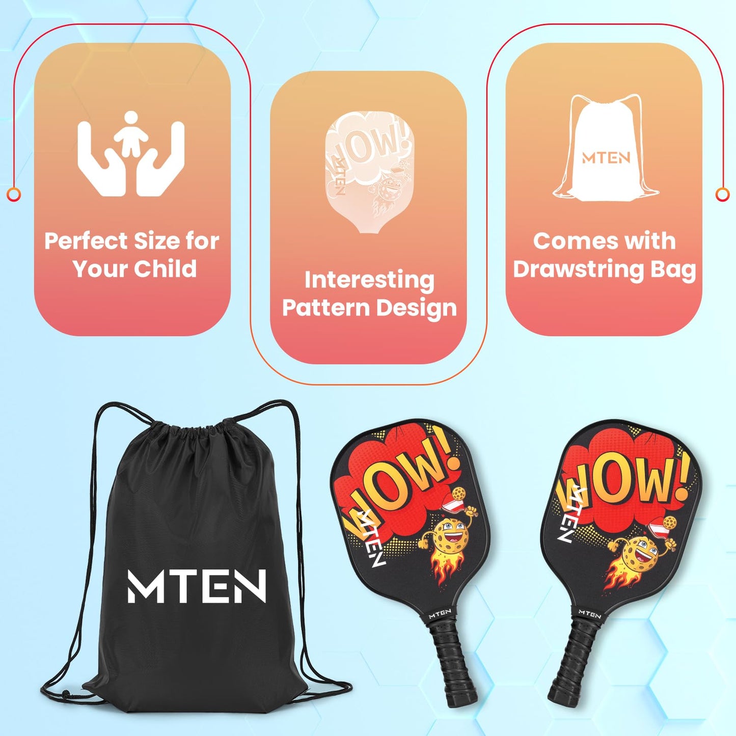 MTEN Pickleball Paddle for Kids, Fiberglass Surface Pickleball Padlles Set of 2,Child Size for Children 12 and Above, Pickleball Paddle & Drawstring Bag （Wow）