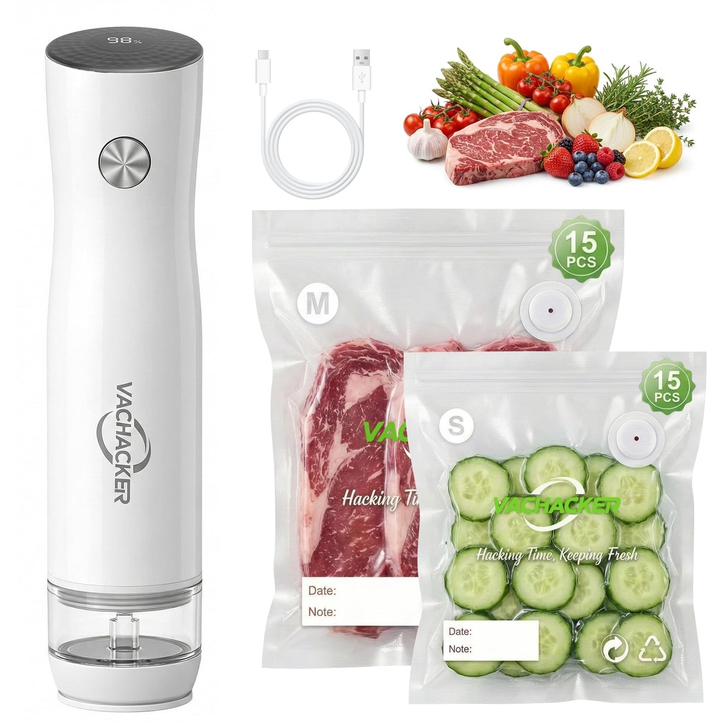 Vachacker Compact Handheld Vacuum Sealer with 30 Reusable Bags Food Sealer