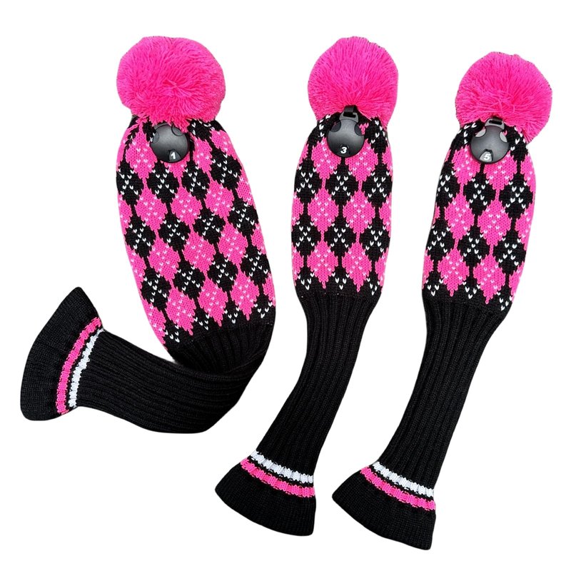 3pcs Knit Pink Golf Club Head Covers, Golf Driver 3 5 Fairway Woods Covers, Pom Pom Golf Wood Headcovers Covers for Driver, 3 5 Woods Women