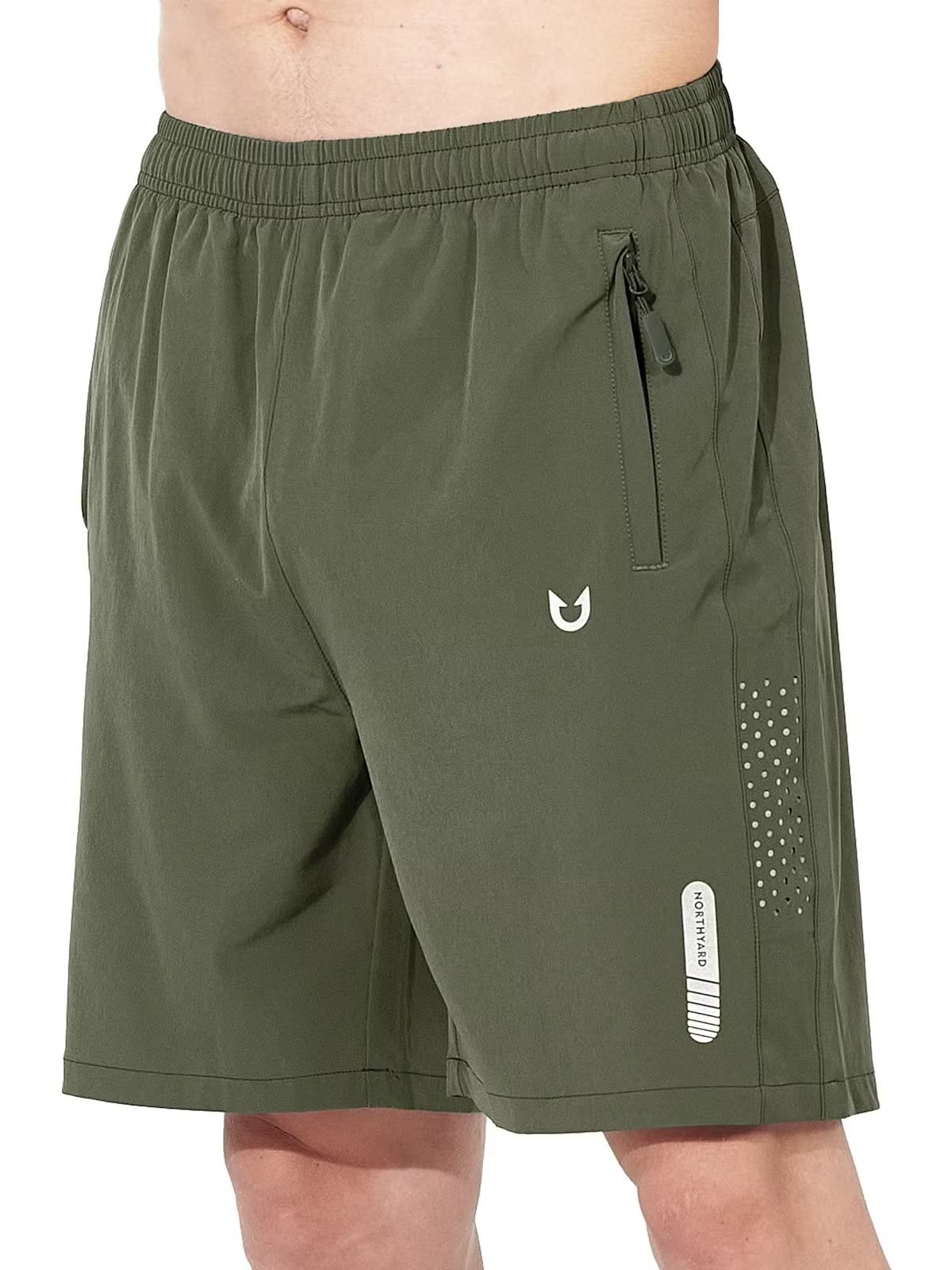 NORTHYARD Men's Athletic Running Shorts Gym Workout 7"/9"/5" Quick Dry Lightweight Sports Basketball Tennis 3 Zipper Pockets ArmyGreen M