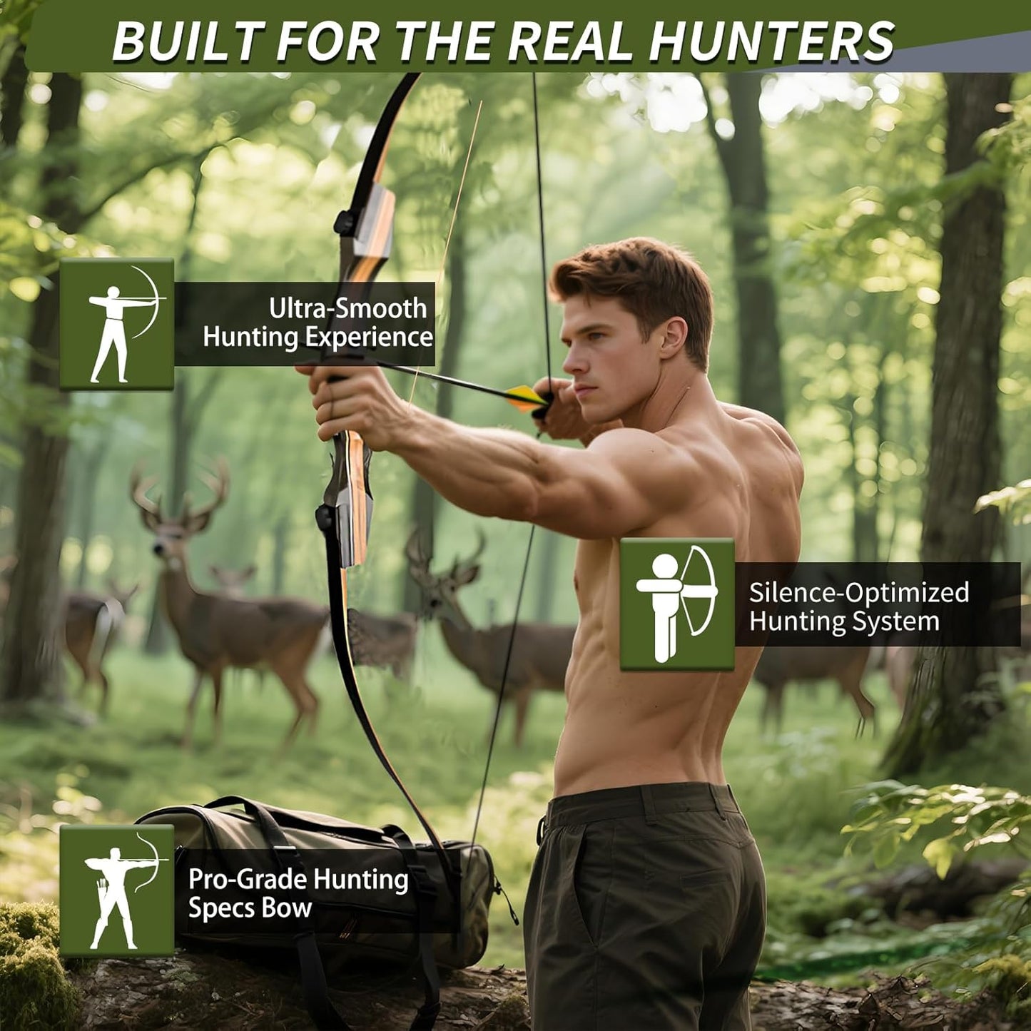 Archery Wooden Bow and Arrow Set - 62'' Right-Handed Takedown Recurve Bow for Adults | 30-50 Lbs Hunting Kit