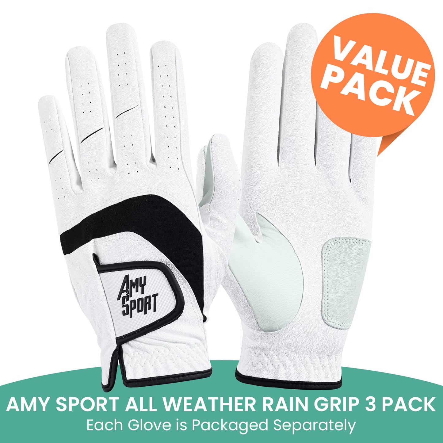 Amy Sport Golf Gloves Men Right Handed Golfer Left Hand 3 Pack PU Leather All Weather Grip Soft Breathable Flexible for Mens (White-3 Pack, Large, Right)