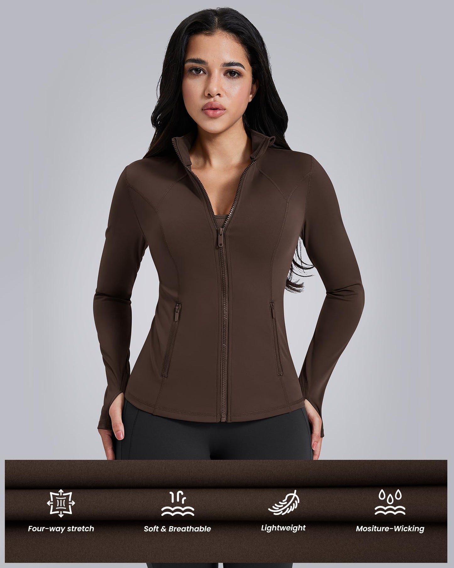 AVGO Womens Workout Jackets Lightweight Athletic Zip Up Jacket Slim Fit Running Gym Top with Pockets & Thumb Holes(Roasted Brown, XL)