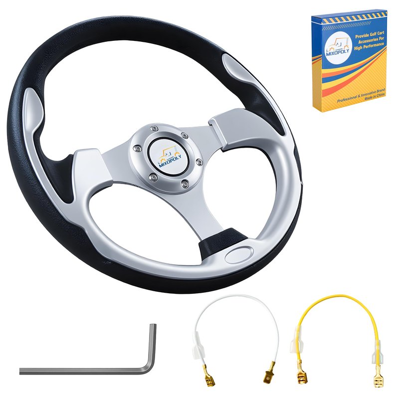 Mixopoly Golf Cart Steering Wheel for Club Car, EZGO, and Yamaha Golf Carts. PP + PU + Aluminum Alloy, Comfortable Grip, 12.5" (silver-round)
