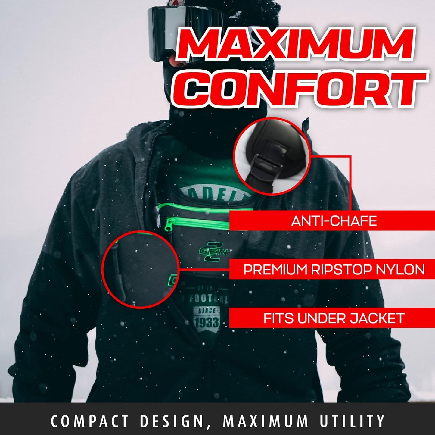Ski & Snowboard Chest Pack - Lightweight Gunmetal Bag with 3 Pockets & No-Bounce Straps | Ideal for Winter Sports