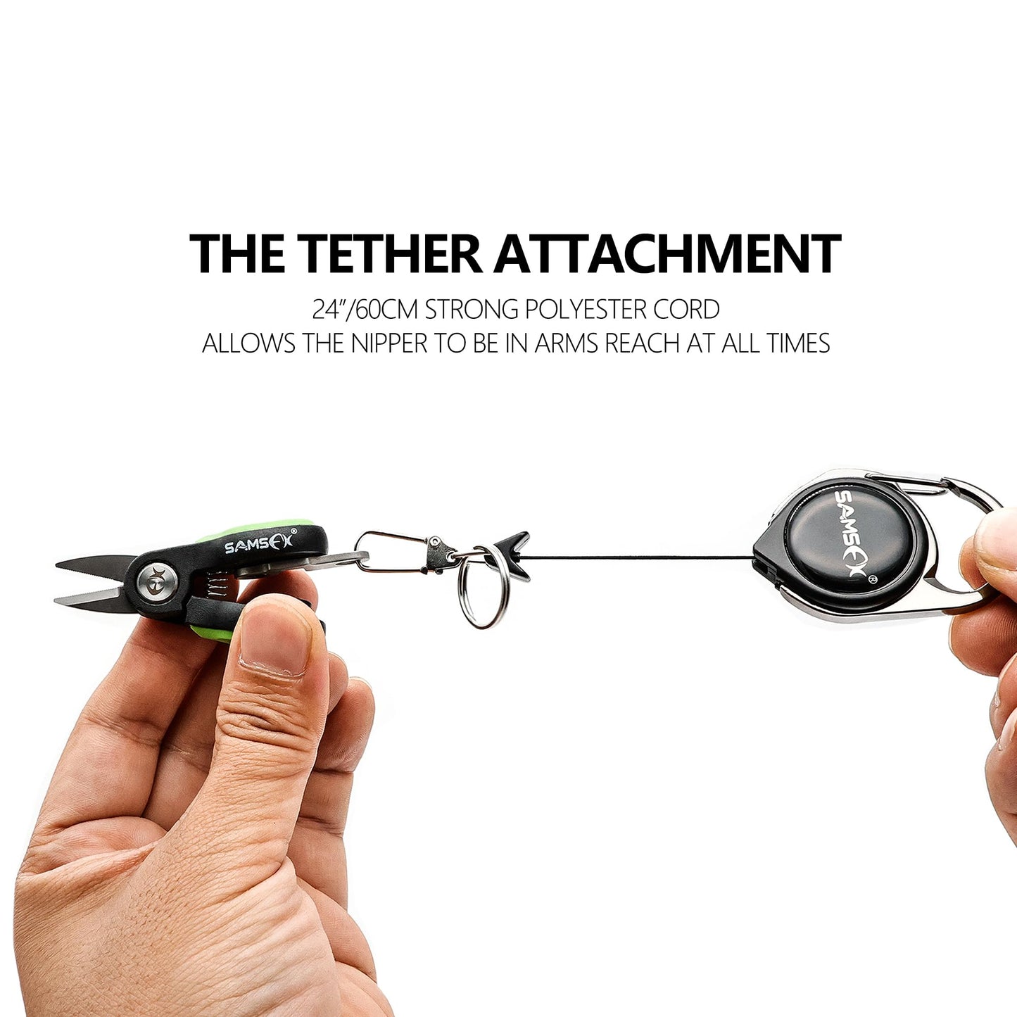 SAMSFX Fishing Nipper with Retractable Tether, Stainless Steel Blades that Cut Braid, Mono and Fluoro Lines, SNIP, Fishing Line Cutters (Green)