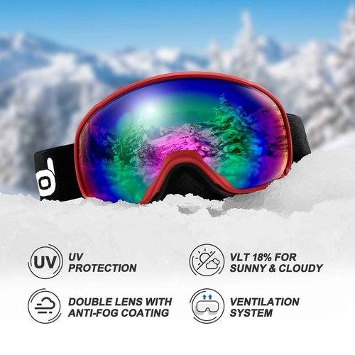 Odoland Ski Helmet and Goggles Set for Adults & Youth, Snowboard Helmet with Goggles - Shockproof Winter Sports Helmet with Protective Shell for Men, Women & Teens, Red, M