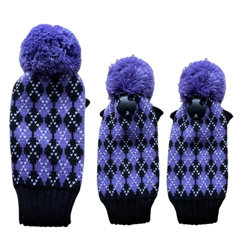 3pcs Knit Golf Headcovers for Women Men - Club Head Covers for Driver, 3 5 Fairway Woods, Pom Pom Golf Wood Headcovers for 1 3 5 Woods (Purple&Black)