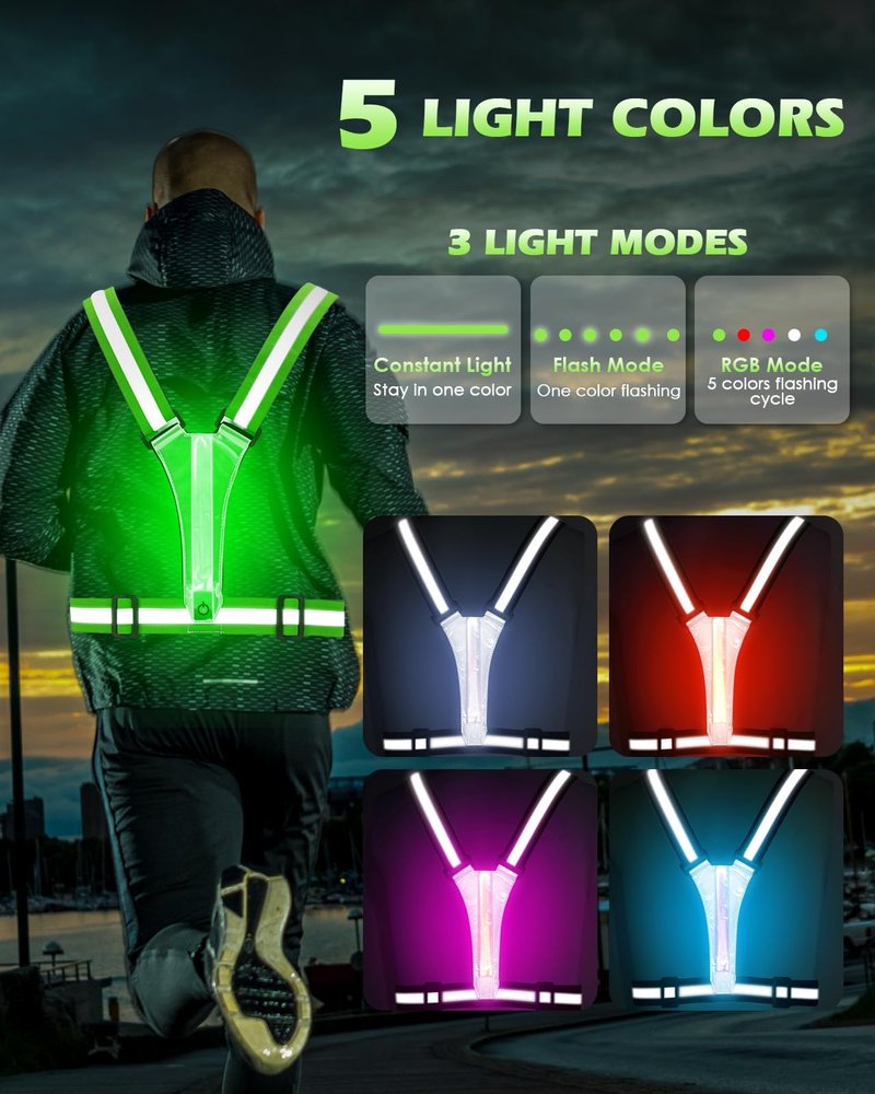 Zacro LED Reflective Vest Running Gear, 5 Lights Colors High Visibility Rechargeable Light Up Running Vest for Runners Night Walking Cycling, Adjustable for Men Women Kids (2 Pack)