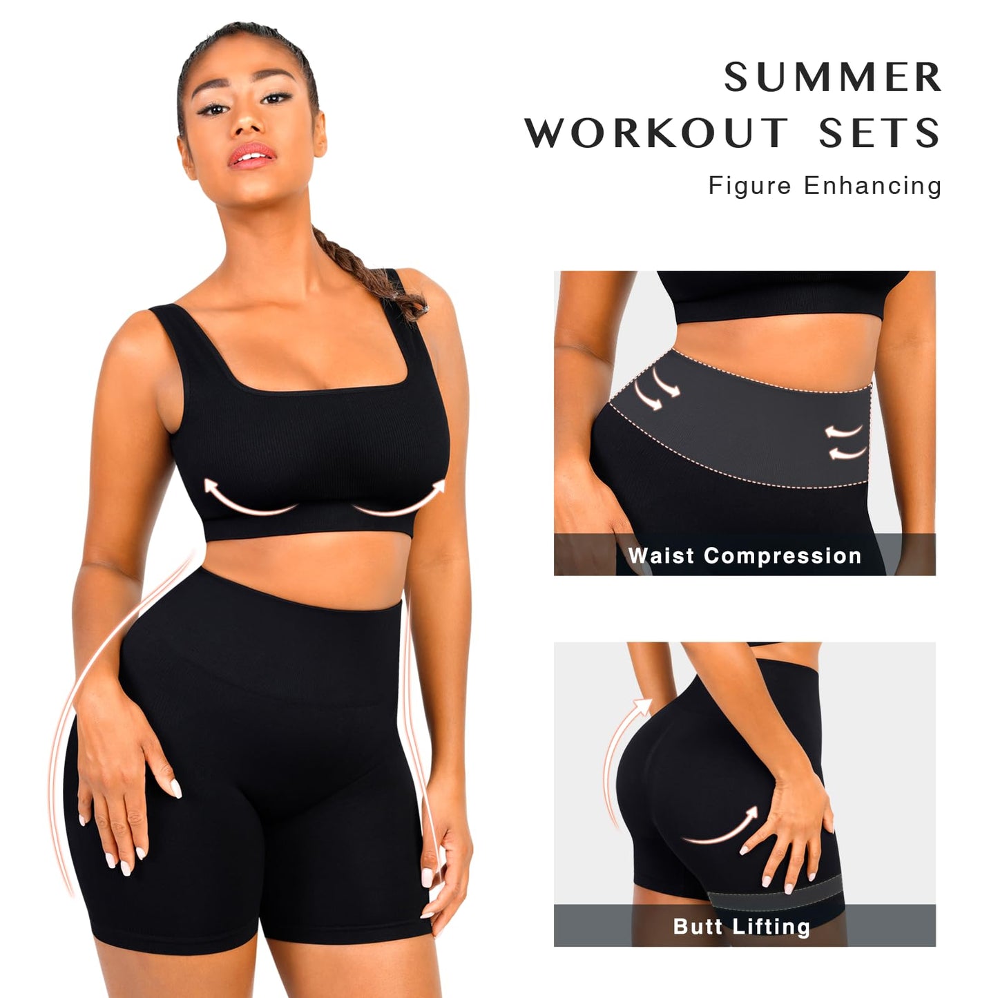 FeelinGirl Workout Sets for Women 2 Piece Yoga Outfits Crop Top High Waist Tummy Control Butt Lift Gym (Black, Medium)