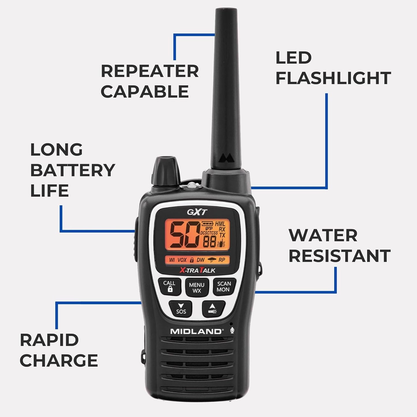 Midland GXT3000 GMRS Two-Way Radio - Long Range, 50 Channels, 142 Privacy Codes | Rechargeable, 2-Pack, Black/Silver
