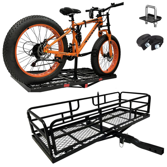 Hitch Mount Cargo Carrier Basket - Comes with Bike Rack Fits 2 Ebike Fat-Tire Electric Bicycle with Folding Large Heavy Duty 500Lbs Fits 2" Receiver for Car Truck SUV RV (66"x24"x14", Charcoal Black)