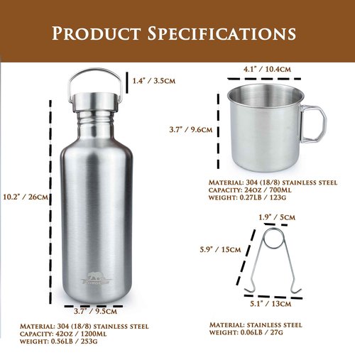 Pubgeer Canteen 42oz Single Wall Water Bottle with 24oz Nested Camping Cup and Carrier Bag, Stainless Steel, Bushcraft Gear, Wide Mouth Water Bottle, Survival Gear, Water Boiler, Self Reliance